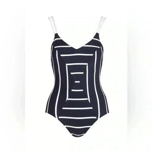 SEAFOLLY one peice navy stripped flattering spaghetti strap swimsuit sz 10/US 6